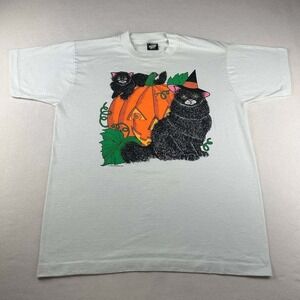 Vintage 1990 Screen Stars Halloween Cat With Eyes Pumpkin‎ Graphic T-Shirt Large